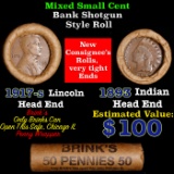 Mixed small cents 1c orig shotgun roll, 1917-s Wheat Cent, 1893 Indian Cent other end, Brinks Wrappe