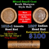 Mixed small cents 1c orig shotgun roll, 1916-d Wheat Cent, 1897 Indian Cent other end, Brinks Wrappe