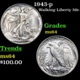 1943-p Walking Liberty Half Dollar 50c Grades Choice Unc