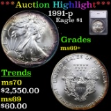 ***Auction Highlight*** 1991-p Silver Eagle Dollar $1 Graded ms69+ By SEGS (fc)