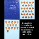 Complete Lincoln 1c International Mint folder, 1959-1982, 42 coins.