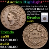 ***Auction Highlight*** 1835 LG 8, Lg Stars Coronet Head Large Cent N-9 R-4 1c Graded au53 By SEGS (