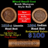 Mixed small cents 1c orig shotgun roll, 1916-s Wheat Cent, 1894 Indian Cent other end, Brinks Wrappe