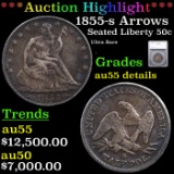 ***Auction Highlight*** 1855-s Arrows Seated Half Dollar 50c Graded au55 details By SEGS (fc)