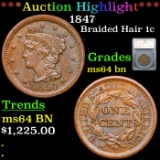 ***Auction Highlight*** 1847 Braided Hair Large Cent 1c Graded ms64 bn By SEGS (fc)