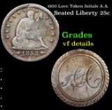 1853 Love Token Initals A.A. Seated Liberty Quarter 25c Grades vf details