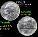 1942-p Jefferson Nickel 5c Grades GEM+ 5fs