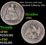 1853 Arrows and rays Seated Liberty Quarter 25c Grades vf+