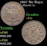 1867 No Rays Shield Nickel 5c Grades vf++