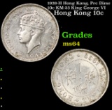 1939-H Hong Kong, Prc Dime 10c KM-23 King George VI Grades Choice Unc