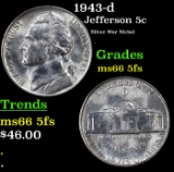 1943-d Jefferson Nickel 5c Grades GEM+ 5fs