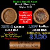 Mixed small cents 1c orig shotgun roll, 1917-d Wheat Cent, 1897 Indian Cent other end, Brinks Wrappe