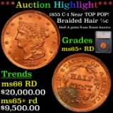 ***Auction Highlight*** 1855 Braided Hair Half Cent C-1 Near TOP POP! 1/2c Graded ms65+ RD By SEGS (