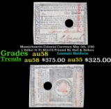 Massachusetts Colonial Currency May 5th, 1780 1 Dollar $1 Fr-MA278 Printed By Hall & Sellers Grades