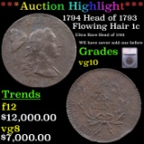 ***Auction Highlight*** 1794 Head of 1793 Flowing Hair large cent 1c Graded vg10 By SEGS (fc)