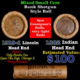 Mixed small cents 1c orig shotgun roll, 1919-d Wheat Cent, 1882 Indian Cent other end, Brinks Wrappe