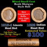 Mixed small cents 1c orig shotgun roll, 1915-d Wheat Cent, 1892 Indian Cent other end, Brinks Wrappe