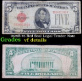 1928B $5 Red Seal Legal Tender Note  Grades vf details