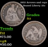 1853 Arrows and rays Seated Liberty Quarter 25c Grades f, fine