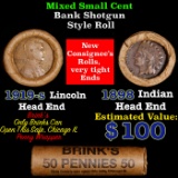 Mixed small cents 1c orig shotgun roll, 1919-s Wheat Cent, 1898 Indian Cent other end, Brinks Wrappe