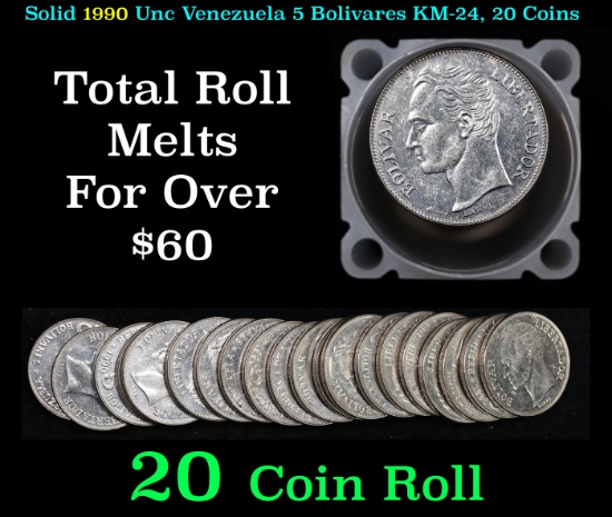 Full solid date Unc Roll 1990 Venezuela 5 Bolivares Y-53a.3, 20 Coins