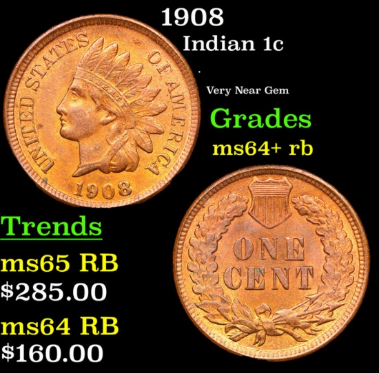 1908 Indian Cent 1c Grades Choice+ Unc RB