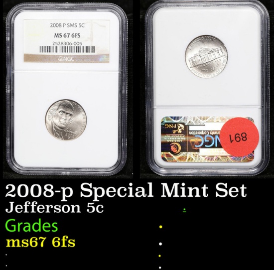 NGC 2008-p Special Mint Set Jefferson Nickel 5c Graded ms67 6fs By NGC