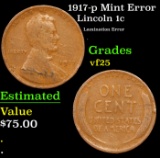 1917-p Lincoln Cent Mint Error 1c Grades vf+
