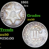 1861 Three Cent Silver 3cs Grades AU, Almost Unc