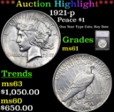 ***Auction Highlight*** 1921-p Peace Dollar $1 Graded ms61 By SEGS (fc)