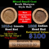 Mixed small cents 1c orig shotgun roll, 1918-s Wheat Cent, 1883 Indian Cent other end, Brinks Wrappe