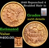 1848 Repunched 4 Braided Hair Large Cent 1c Graded au55 details By SEGS