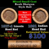 Mixed small cents 1c orig shotgun roll, 1917-d Wheat Cent, 1891 Indian Cent other end, Brinks Wrappe