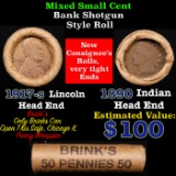 Mixed small cents 1c orig shotgun roll, 1917-s Wheat Cent, 1890 Indian Cent other end, Brinks Wrappe