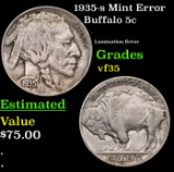 1935-s Buffalo Nickel Mint Error 5c Grades vf++