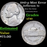 1945-p Jefferson Nickel Mint Error 5c Grades xf