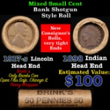 Mixed small cents 1c orig shotgun roll, 1917-s Wheat Cent, 1898 Indian Cent other end, Brinks Wrappe