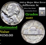1943-p Jefferson Nickel Major Mint Error 5c Graded ms63 By SEGS
