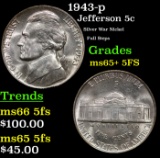 1943-p Jefferson Nickel 5c Grades GEM+ 5fs
