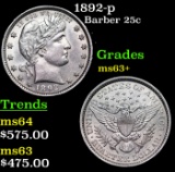 1892-p Barber Quarter 25c Grades Select+ Unc