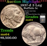 ***Auction Highlight*** 1937-d 3 Leg Buffalo Nickel 5c Graded ms64 By SEGS (fc)