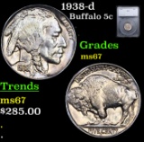 1938-d Buffalo Nickel 5c Graded ms67 By SEGS