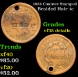 1854 Braided Hair Large Cent Counter Stamped 1c Grades VF Details