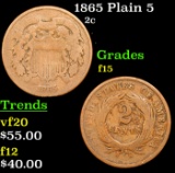 1865 Plain 5 Two Cent Piece 2c Grades f+