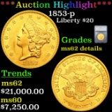 ***Auction Highlight*** 1853-p Gold Liberty Double Eagle $20 Graded ms62 details By SEGS (fc)