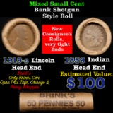 Mixed small cents 1c orig shotgun roll, 1919-s Wheat Cent, 1859 Flying Eagle Cent other end, Brinks