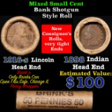 Mixed small cents 1c orig shotgun roll, 1916-s Wheat Cent, 1898 Indian Cent other end, Brinks Wrappe