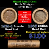 Mixed small cents 1c orig shotgun roll, 1919-d Wheat Cent, 1863 Indian Cent other end, Brinks Wrappe