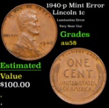 1940-p Lincoln Cent Mint Error 1c Grades Choice AU/BU Slider