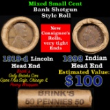 Mixed small cents 1c orig shotgun roll, 1919-d Wheat Cent, 1898 Indian Cent other end, Brinks Wrappe
